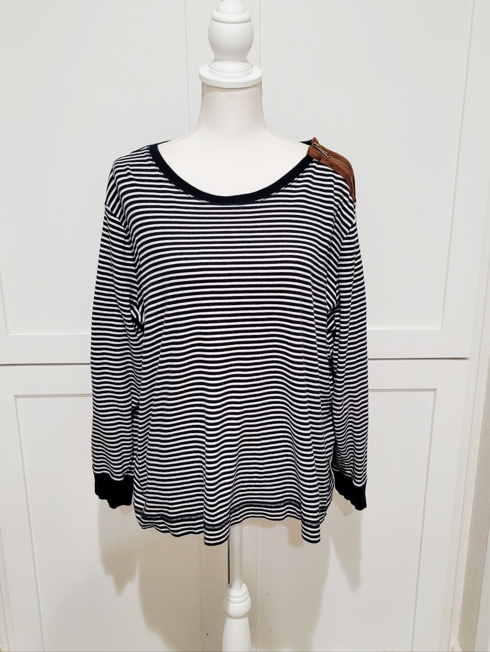Lauren Ralph Lauren Navy White Striped Elbow Patch Zip Sweater Women's 3X